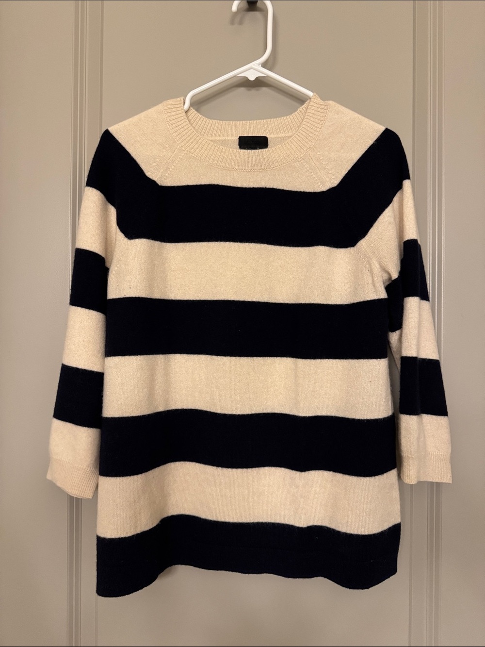 J. Crew Blue and Cream Striped 100% Cashmere Crewneck Sweater. Size Small.